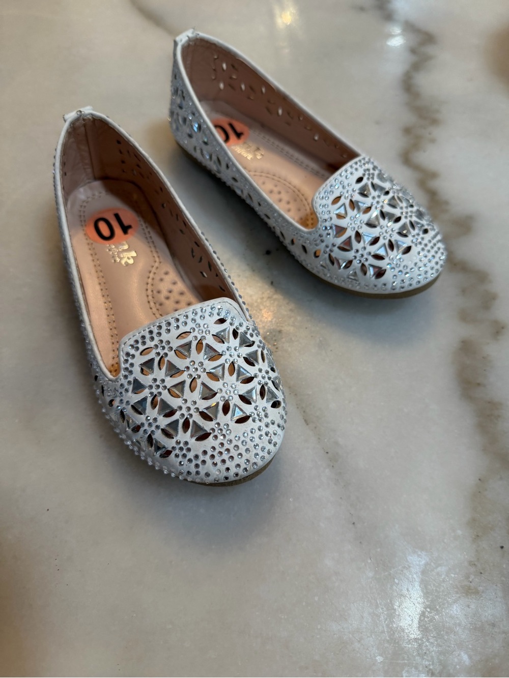 Link White Laser-Cut Kids Slip-On Flats with Rhinestones